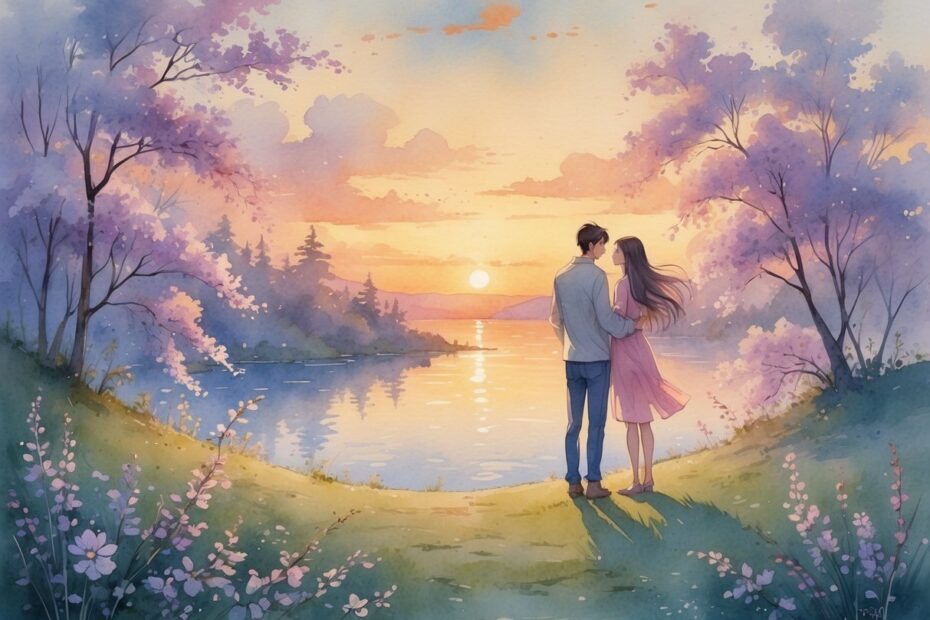 Uma mulher e um homem estão juntos em uma colina perto de um lago ao pôr do sol, com flores e árvores ao redor.