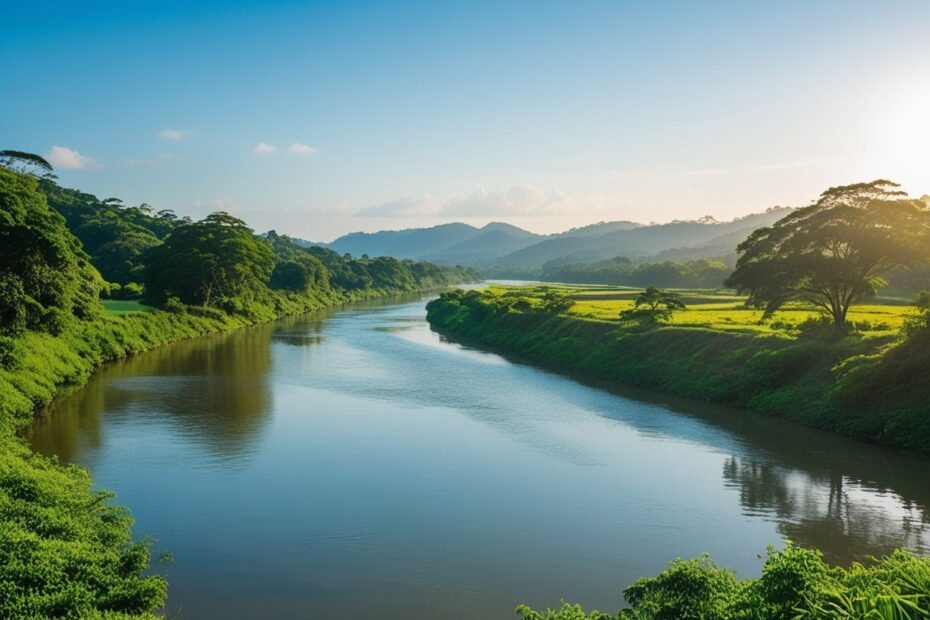 Rio tranquilo com vegetação verde nas margens e céu azul claro próximo a Sobral, Ceará.