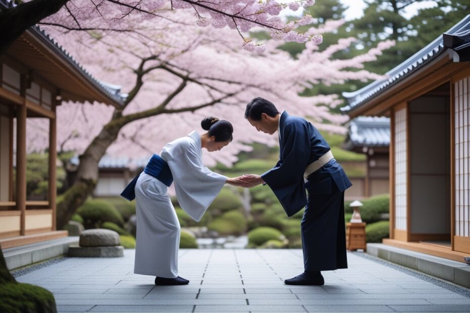 Duas pessoas japonesas se despedindo com uma reverência em um jardim japonês com árvores de cerejeira ao fundo.