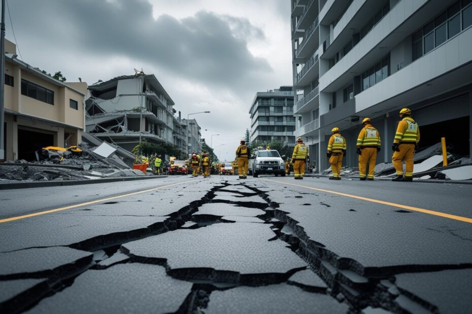 Rua urbana com rachaduras profundas e prédios danificados após um terremoto, com socorristas e veículos de emergência no local.