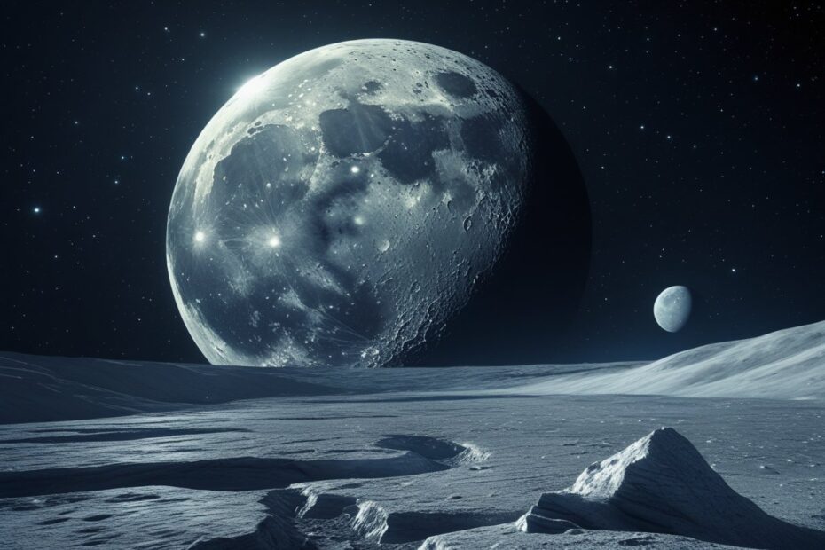 Lua Charon, maior lua de Plutão, mostrando sua superfície rochosa e crateras no espaço com Plutão ao fundo.