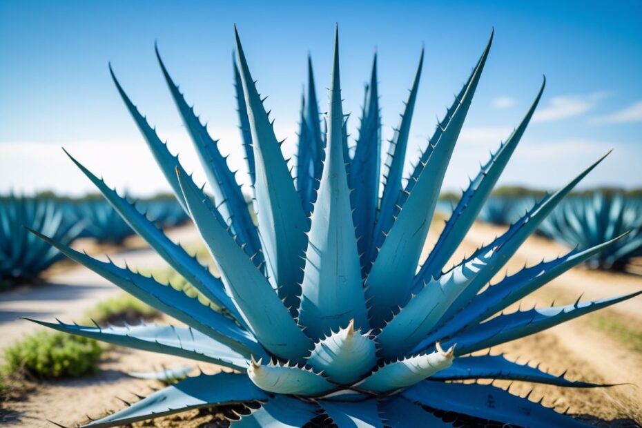 Planta madura de agave azul usada na produção de tequila, com folhas espessas e pontiagudas em um campo ao ar livre sob céu azul.