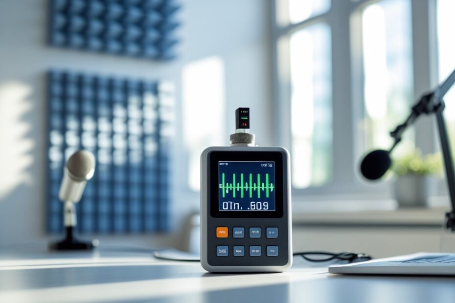 Medidor de intensidade sonora em uma mesa com microfone e painéis acústicos ao fundo.