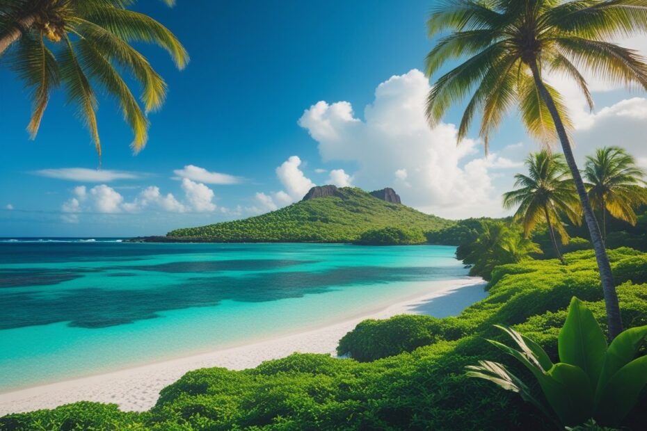 Vista de uma ilha tropical próxima à costa da África com praias de areia branca, água azul clara e vegetação verde.