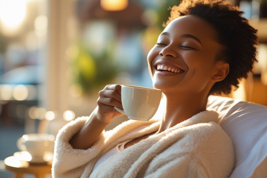 Pessoa sorrindo e aproveitando um momento agradável em um ambiente acolhedor.