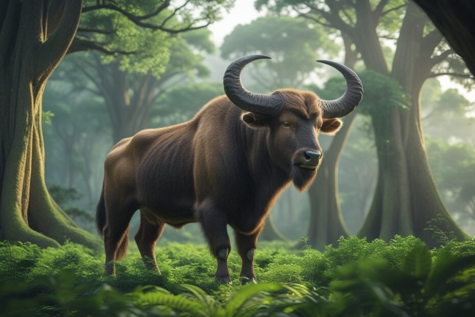 Um boi selvagem extinto em uma floresta densa e antiga, com chifres grandes e corpo robusto.