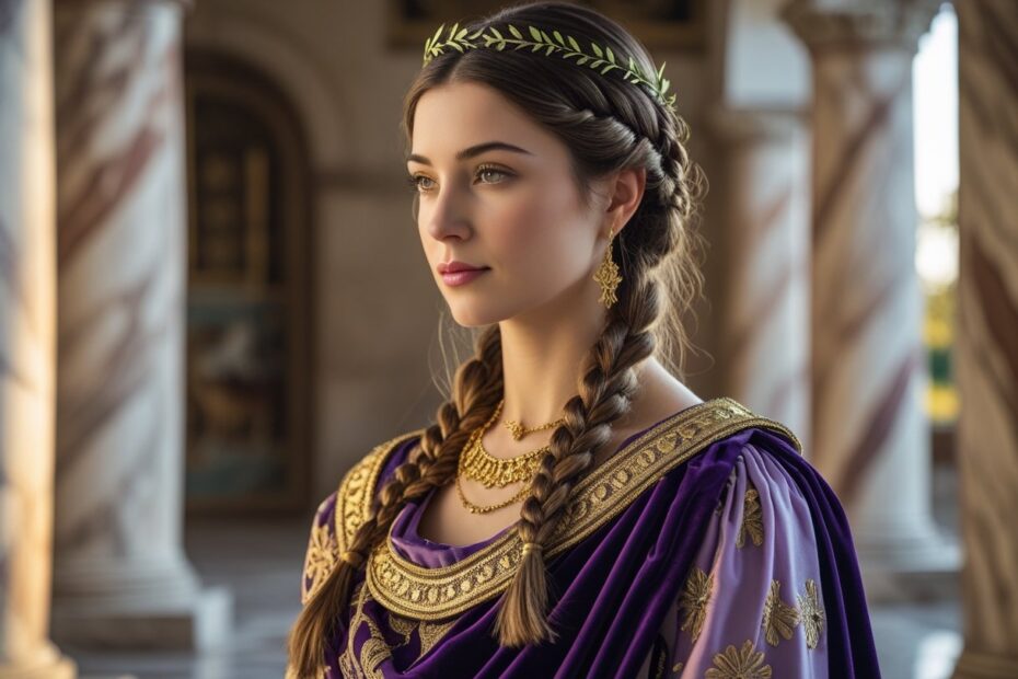 Retrato de uma mulher antiga vestida com roupas reais, com cabelo trançado e joias, em um palácio histórico.