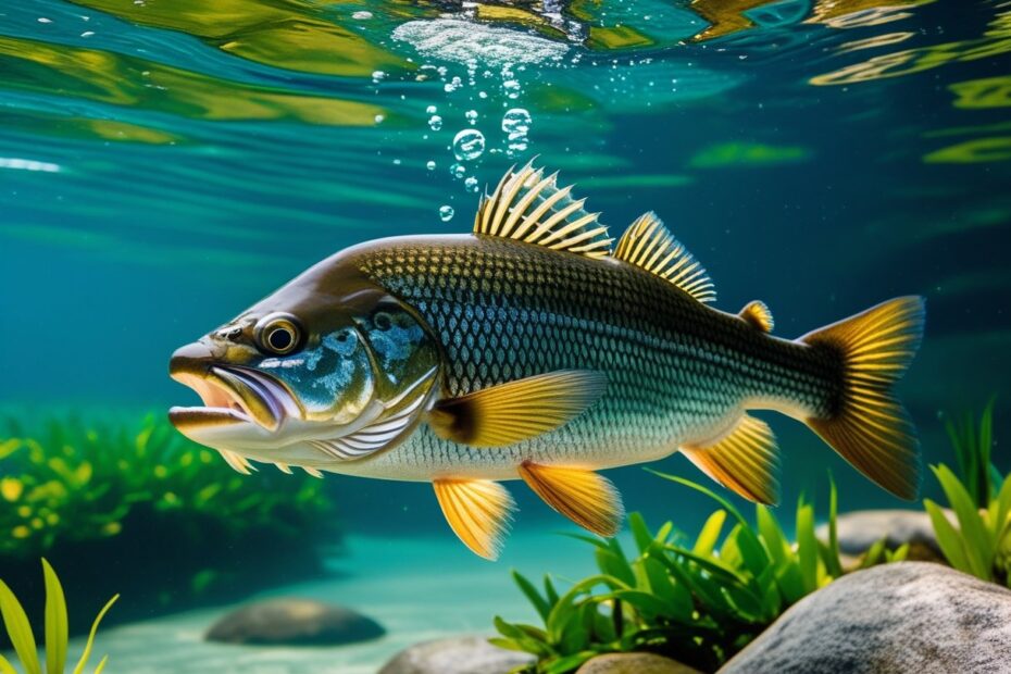 Um grande peixe da América do Norte nadando em água limpa com plantas aquáticas ao redor.