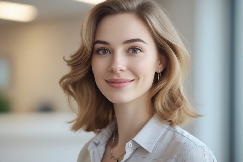 Mulher jovem sorrindo em ambiente interno moderno, com cabelo castanho claro e blusa clara, olhando levemente para o lado.