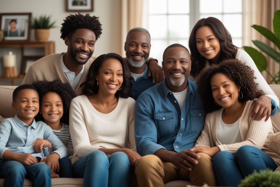 Uma família Wayans reunida em uma sala de estar aconchegante, sorrindo e interagindo de forma natural.