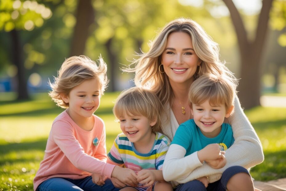 Blake Lively com seus filhos em um parque ensolarado, sorrindo e brincando juntos.