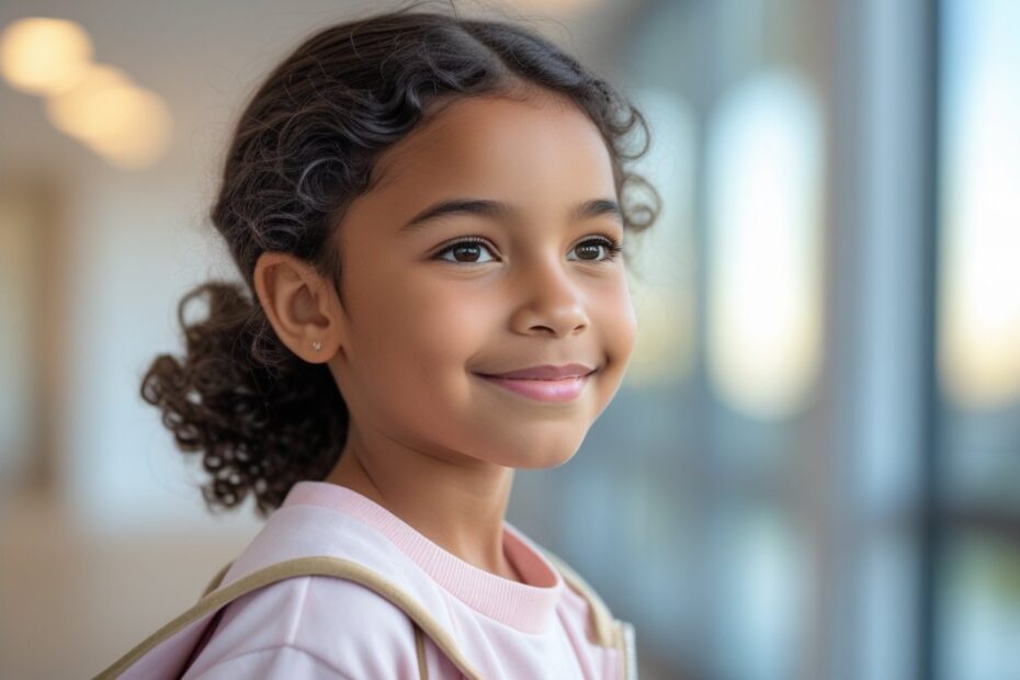 Menina jovem sorrindo em um ambiente interno iluminado naturalmente.