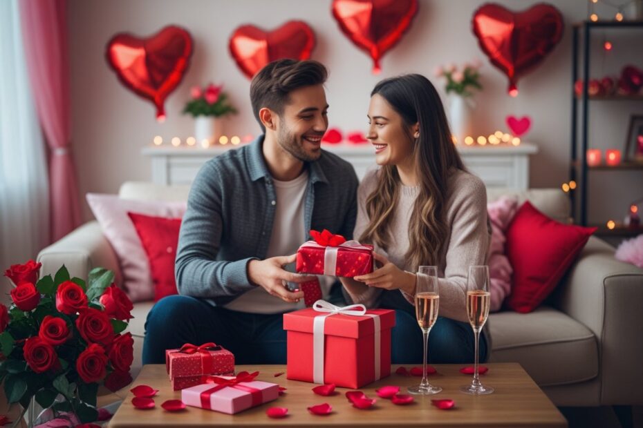 Um casal sorridente trocando presentes em uma sala decorada com flores, balões em formato de coração e luzes suaves, celebrando o Dia dos Namorados.