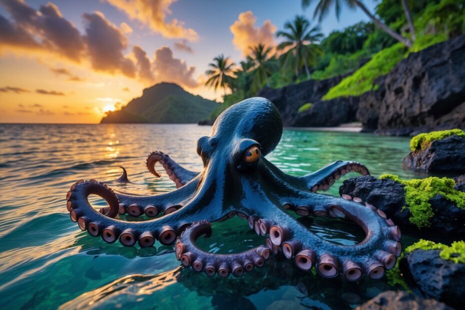 Um polvo escuro com tentáculos grandes em uma costa rochosa de uma ilha tropical ao pôr do sol.