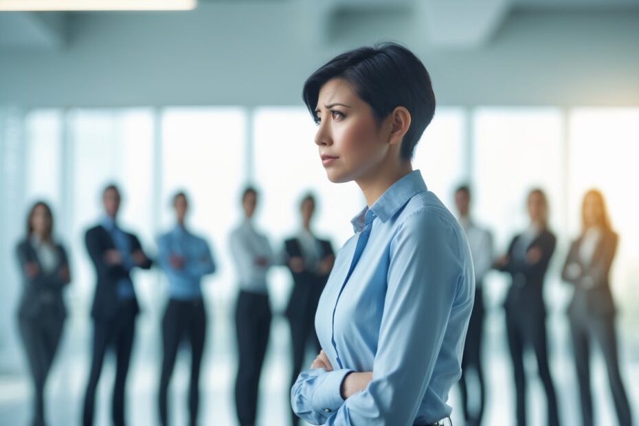 Pessoa sozinha em um ambiente competitivo, com expressão de dúvida e ansiedade, cercada por outras pessoas ao fundo.