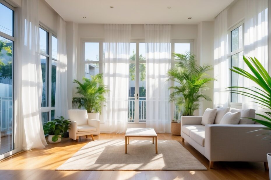 Sala de estar moderna e iluminada com janelas abertas e cortinas esvoaçantes, mostrando ventilação natural e luz entrando no ambiente.