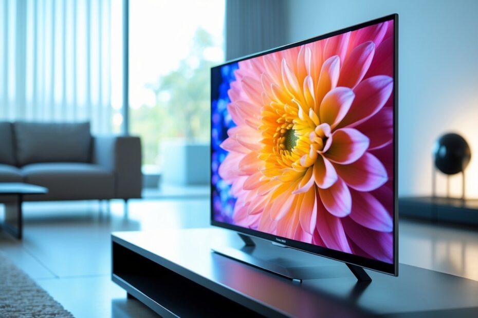 Uma televisão de tela plana moderna ligada em uma sala de estar contemporânea e bem iluminada.