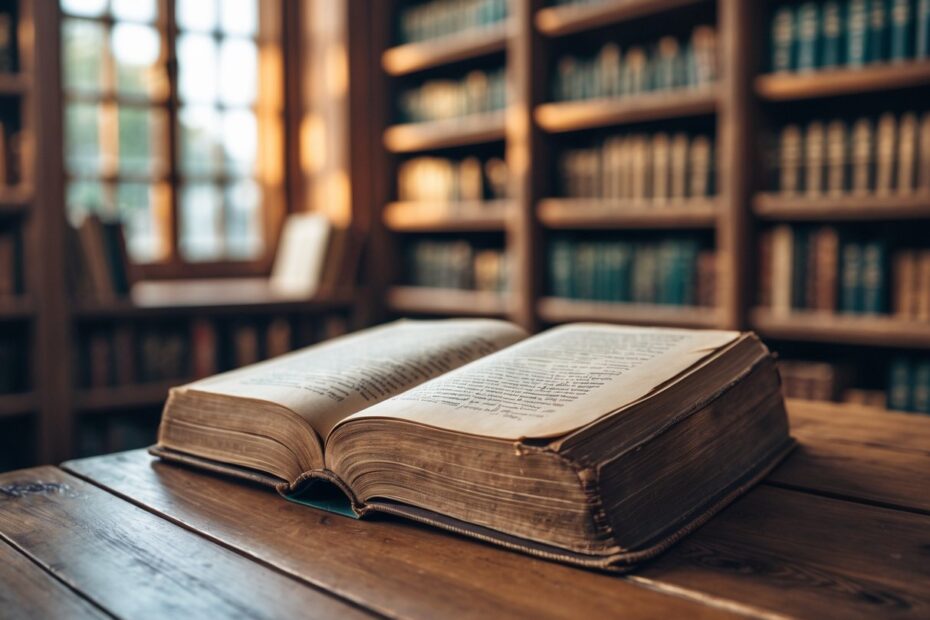 Livro antigo e bem usado sobre uma mesa de madeira em uma biblioteca acolhedora com prateleiras cheias de livros ao fundo.