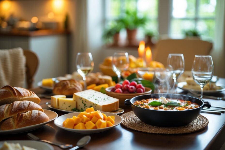 Mesa de jantar arrumada com alimentos variados e ambiente acolhedor.