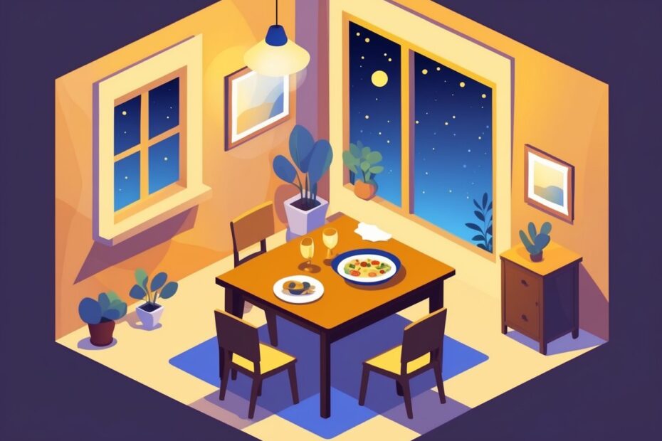 Cena de jantar aconchegante com uma mesa posta para a última refeição do dia, com prato de comida e uma janela mostrando o céu à noite.