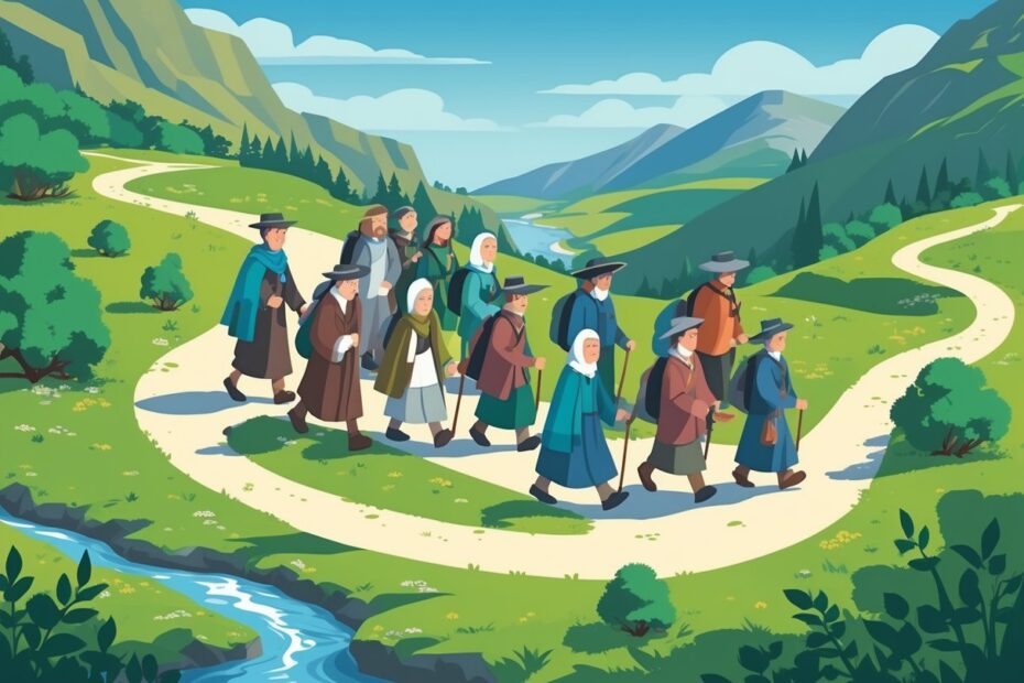 Um grupo de peregrinos caminhando juntos por um caminho cercado de árvores e vegetação, em uma paisagem natural.