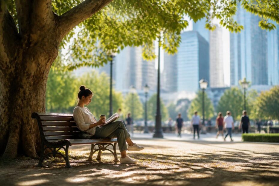 Pessoa sentada em um banco de parque sob uma árvore, aproveitando um momento tranquilo em meio à cidade ao fundo.
