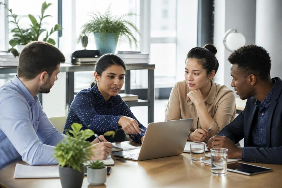 Grupo de pessoas discutindo em torno de uma mesa em um escritório moderno e iluminado.