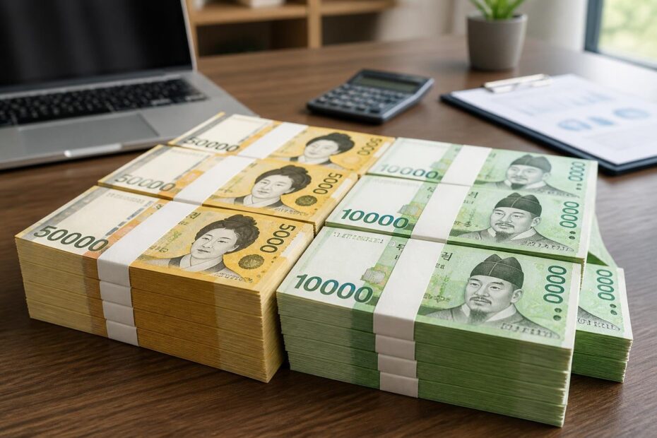 Pilha de notas de won sul-coreano organizadas sobre uma mesa com itens de escritório ao fundo.