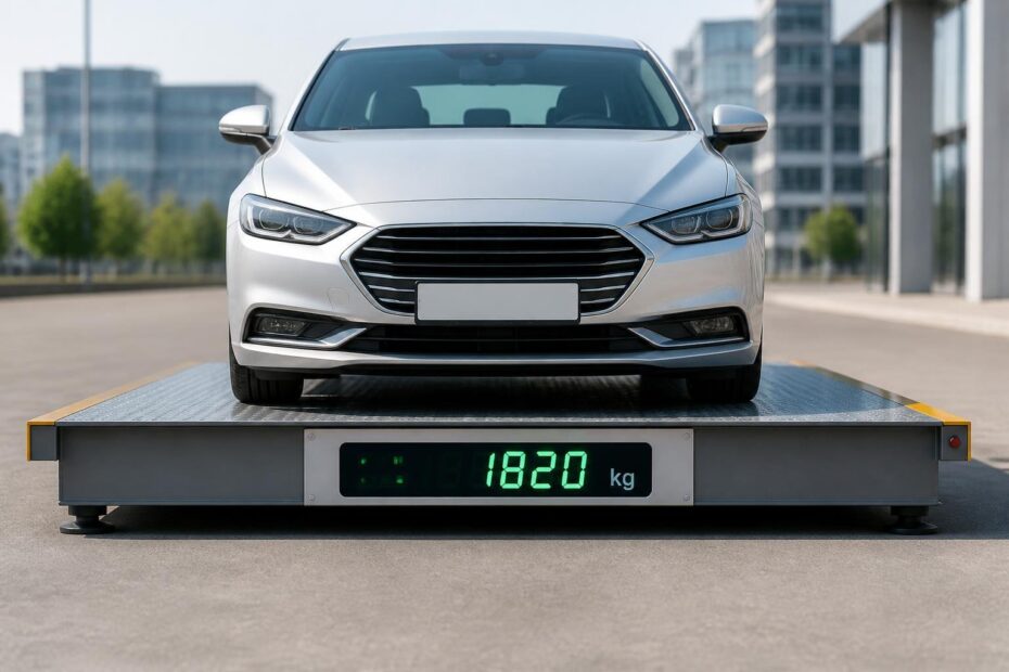 Um carro moderno estacionado sobre uma balança digital que mostra o peso do veículo.