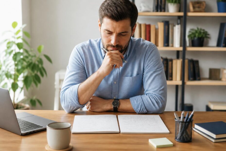 Pessoa pensativa sentada em uma mesa de escritório, olhando para dois cadernos abertos com anotações diferentes, simbolizando uma escolha ou comparação.