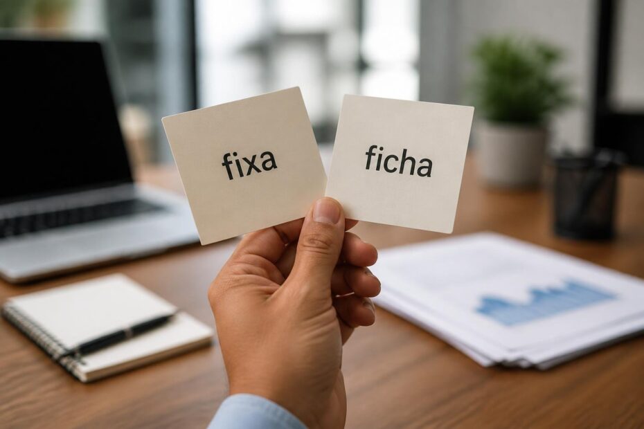 Mão segurando dois cartões retangulares em um ambiente de escritório.