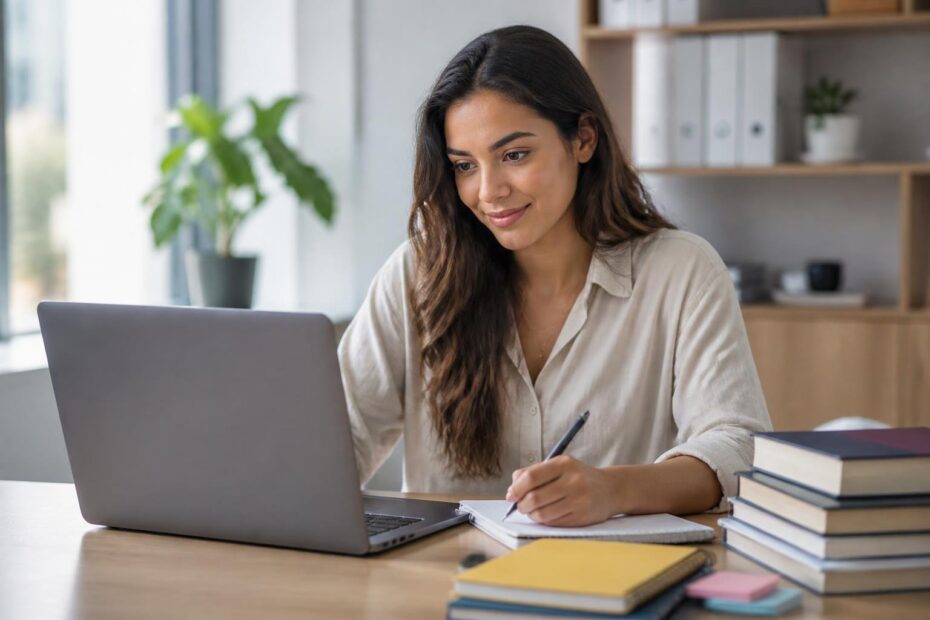 Mulher jovem sentada em uma mesa de escritório, olhando para um laptop com expressão pensativa, rodeada por livros e cadernos.