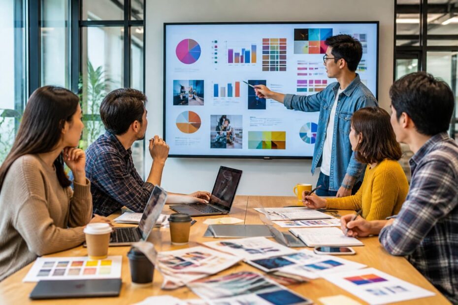 Uma equipe diversa em um escritório moderno discutindo estratégias de publicidade em frente a uma tela digital com gráficos coloridos.