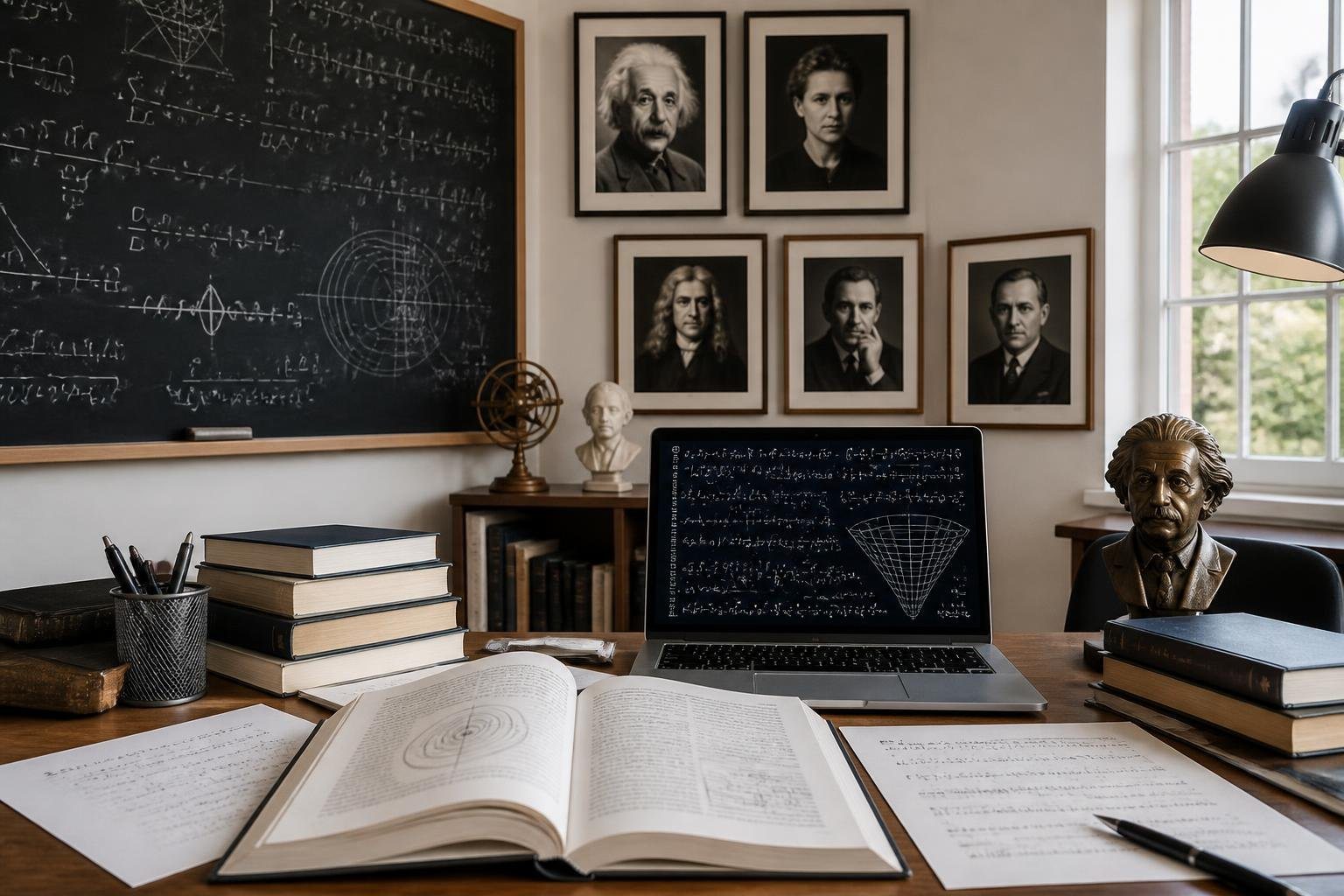 Ambiente de estudo com mesa, livros e retratos de físicos famosos em um escritório iluminado.