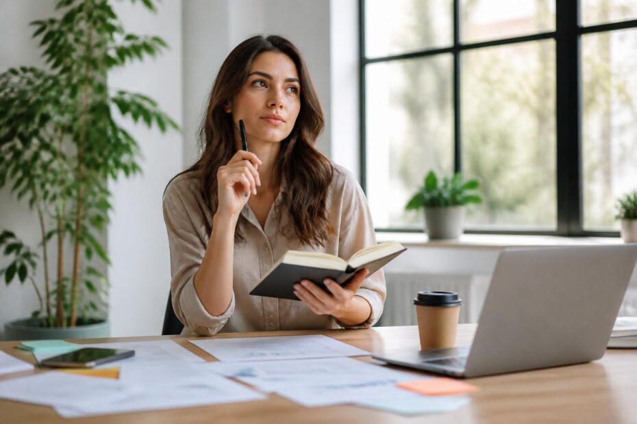 Mulher jovem pensativa sentada em uma mesa de escritório moderna, segurando uma caneta e um caderno, com laptop e plantas ao redor.