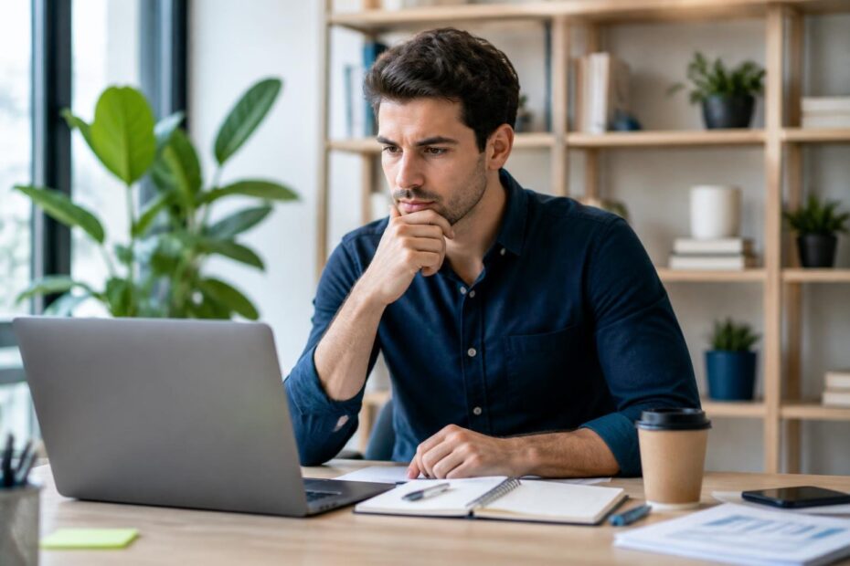 Pessoa jovem pensativa sentada em uma mesa de escritório moderna, olhando para um laptop com expressão concentrada.