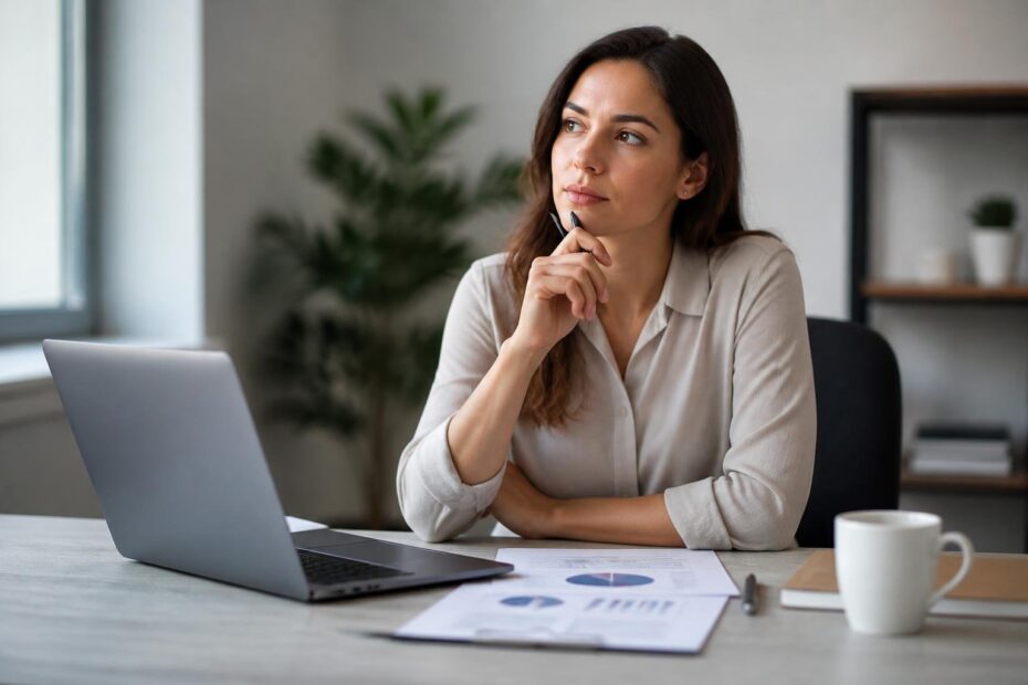 Mulher jovem pensativa sentada em uma mesa de escritório moderna, olhando para o laptop com uma caneta na mão.