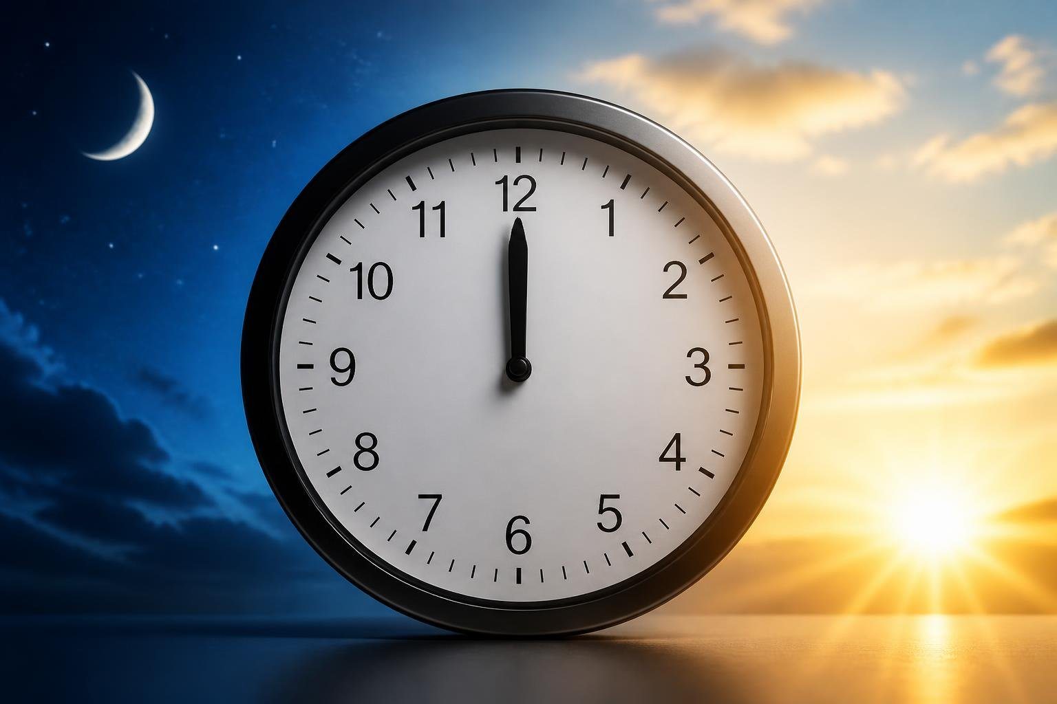 Relógio analógico mostrando meia-noite com fundo que transita do azul da noite para o amarelo do dia, simbolizando a passagem do tempo em um dia.
