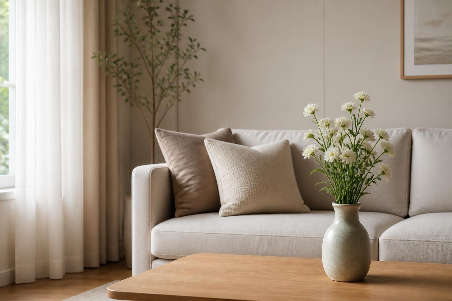 Parte modesta de uma sala de estar moderna e limpa com sofá simples, mesa de centro pequena e vaso com flores.